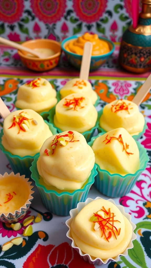 Traditional Indian kulfi ice cream in decorative molds, garnished with pistachios and saffron.